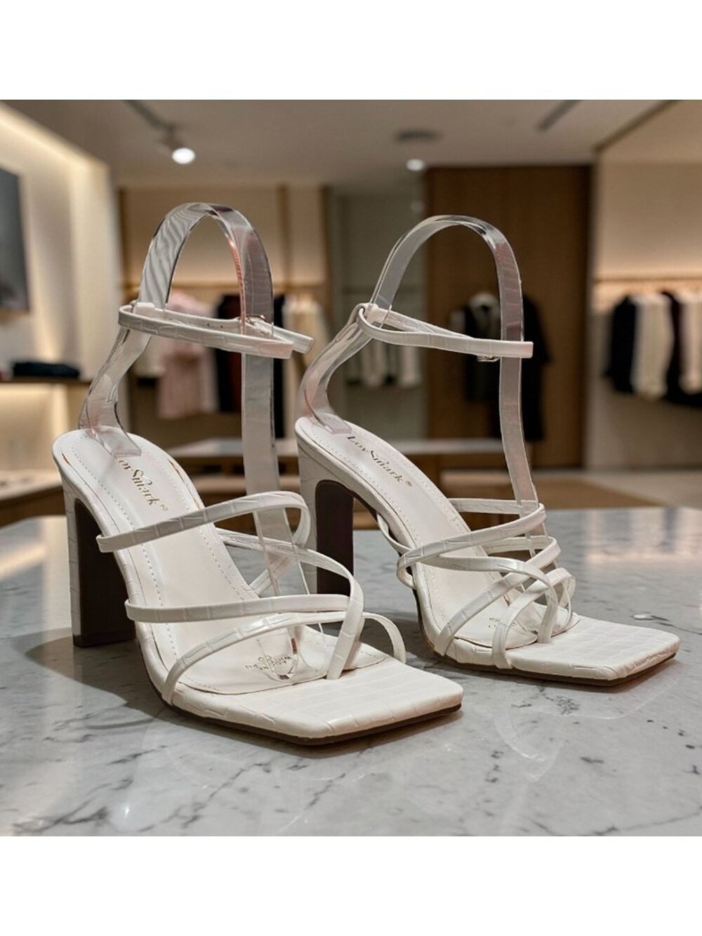 Strappy White Block Heel Sandals With Croc Embossed Finish & Ankle Strap Chic De